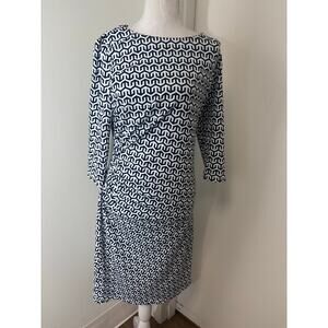 J. McLaughlin Black White Print 3/4 Sleeve Ruched Midi Dress Sz M